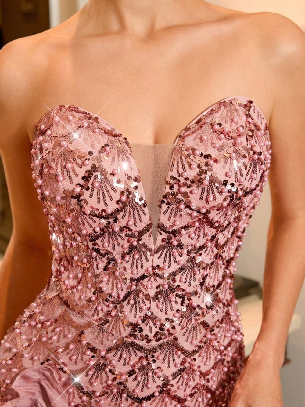 Pink Elegant Mini Strapless Women's V-Neck Party Dress with Rhinestone Sequins - Picture 7 of 8